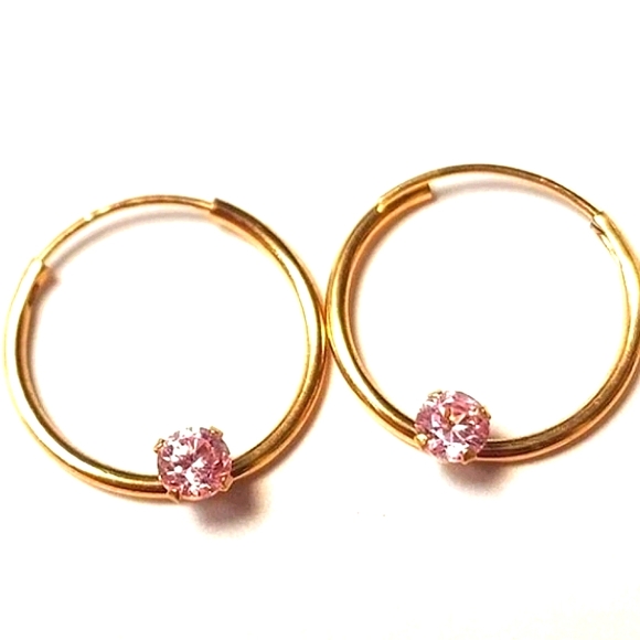 Source Unknown Jewelry - 10K Solid Gold & Pink CZ Continuous Hoop Earrings